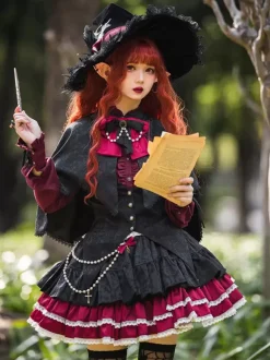 Jupes Lolita gothiques SK Jacquard à volants et 艙illets roses