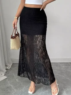 Jupes longues élégantes en dentelle noire à taille haute et transparente pour femmes