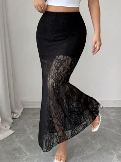 Jupes longues élégantes en dentelle noire à taille haute et transparente pour femmes