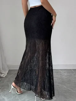 Jupes longues élégantes en dentelle noire à taille haute et transparente pour femmes