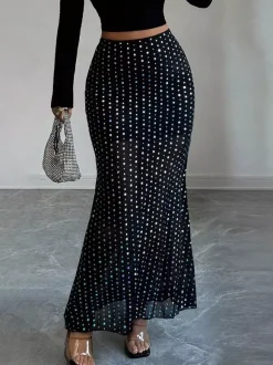 Jupes longues noires à pois taille haute élégantes pour femmes