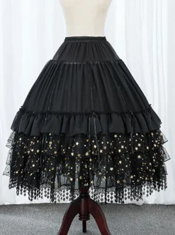 Jupons Lolita Noir Dentelle Polyester Étoiles Gothique Lolita Avec Lacet Pour Modifier La Longueur