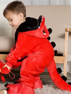 Kigurumi Carnaval Pyjama 2026 Rouge Dinosaure Enfants Cadeaux Noël En Flanelle Toilette Facile Combinaison Déguisements Halloween