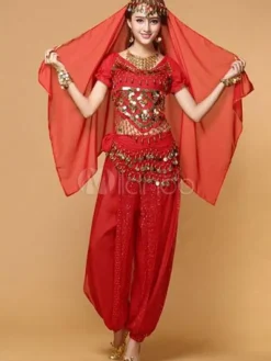 La danse du ventre Costume haut en mousseline de soie rouge avec Top et pantalon Bollywood Dance Costume Déguisements Halloween