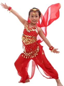 La danse du ventre Costume enfants rouge en mousseline de soie sans manches Déguisements Halloween