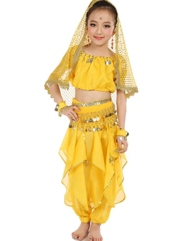 La danse du ventre Costume Kids jaune indien Bollywood en mousseline de soie Costumes de danse Déguisements Halloween