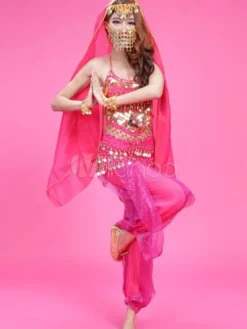 La danse du ventre Costume mousseline de soie Rose haut perlé avec des pantalons et costumes de danse Bollywood voile Déguisements Halloween