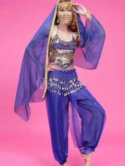 La danse du ventre Costume mousseline de soie Rose haut perlé avec des pantalons et costumes de danse Bollywood voile Déguisements Halloween
