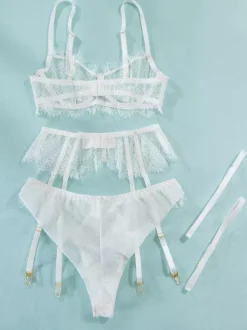 Linge de Mariée Ensemble de lingerie de mariée en dentelle blanche 4 pièces soutien-gorge et culotte