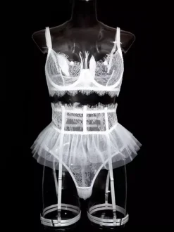 Linge de Mariée Ensemble de lingerie de mariée en dentelle blanche 4 pièces soutien-gorge et culotte