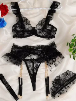 Linge de Mariée Ensemble de lingerie de mariage sexy 4 pièces en dentelle imprimée blanche avec soutien-gorge et culotte