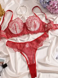 Linge de Mariée Ensemble soutien-gorge et culotte en dentelle blanche transparente pour mariée