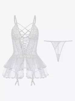Linge de Mariée Ensembles Soutien-Gorge Culotte Blanc À Lacets Transparent 2 Pièces Lingerie Sexy Adulte
