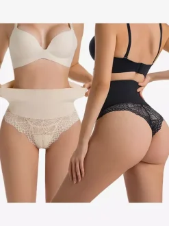 Linge de Mariée Gaine gainante taille haute en dentelle pour femme effet ventre plat et fesses galbées body string grande taille