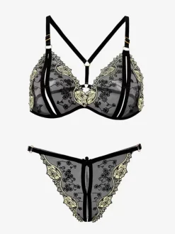 Linge de Mariée Lingerie Fendue Ensemble soutien-gorge et culotte ouverts à l'entrejambe lingerie sexy 2 pièces en blocs de couleurs brodés noirs