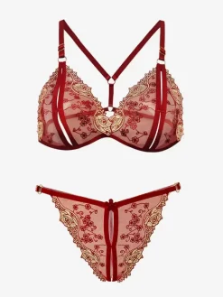 Linge de Mariée Lingerie Fendue Ensemble soutien-gorge et culotte ouverts à l'entrejambe lingerie sexy 2 pièces en blocs de couleurs brodés noirs