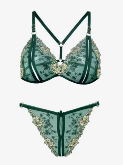 Linge de Mariée Lingerie Fendue Ensemble soutien-gorge et culotte ouverts à l'entrejambe lingerie sexy 2 pièces en blocs de couleurs brodés noirs