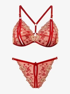 Linge de Mariée Lingerie Fendue Ensemble soutien-gorge et culotte ouverts à l'entrejambe lingerie sexy 2 pièces en blocs de couleurs brodés noirs