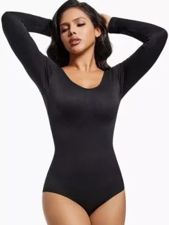 Linge de Mariée Lingerie sculptante marron café manches longues body gainant sans coutures gaine amincissante grande taille contrôle du ventre sous-vêtements sculptants