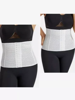 Linge de Mariée Ceinture amincissante post-partum pour le sport gainante et ventre plat avec dos ajouré et corset gainant marron boutonnée sur le devant.