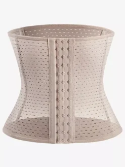 Linge de Mariée Ceinture amincissante post-partum pour le sport gainante et ventre plat avec dos ajouré et corset gainant marron boutonnée sur le devant.