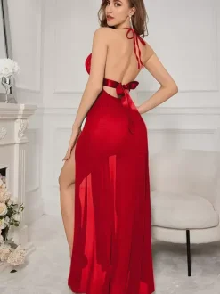 Linge de Mariée Chemise de nuit longue en dentelle licou translucide dos nu lingerie séduisante