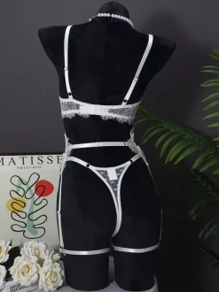 Linge de Mariée Ensemble de lingerie sexy 4 pièces en dentelle blanche avec soutien-gorge et culotte