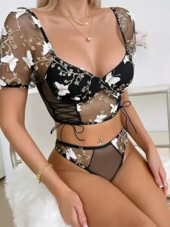 Linge de Mariée Ensemble de lingerie 2 pièces en dentelle à imprimé floral et dentelle transparente avec soutien-gorge et culotte blancs