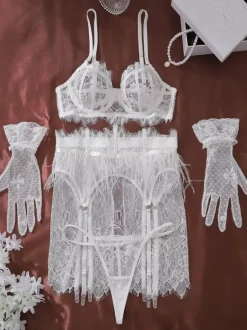 Linge de Mariée Ensemble de lingerie de mariée sexy blanche 4 pièces avec soutien-gorge et culotte pour adulte
