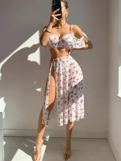 Linge de Mariée Ensembles de pyjama en polyester blanc superposé 3 pièces soutien-gorge culotte jupe lingerie vêtements de nuit