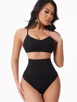Linge de Mariée Lingerie gainante noire post-partum body string sans coutures taille haute gaine ventre plat et fesses galbées grande taille gaine de récupération