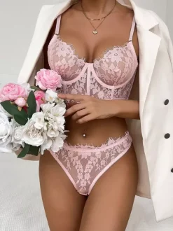 Linge de Mariée Lingerie Soutiens-Gorge Femme Sous-Vêtemen Noir Imprimé Floral Dentelle 2 Pièces