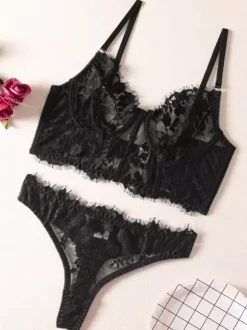 Linge de Mariée Lingerie Soutiens-Gorge Femme Sous-Vêtemen Noir Imprimé Floral Dentelle 2 Pièces