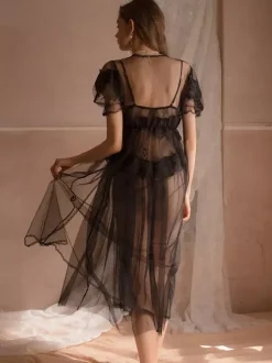 Linge de Mariée Nuisette Moulante Longue Lingerie Sexy Transparente avec Bretelles à Col V Coupe Cintrée Ensembles 3 Pièces