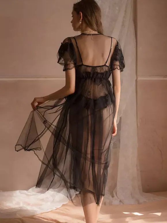 Linge de Mariée Nuisette Moulante Longue Lingerie Sexy Transparente avec Bretelles à Col V Coupe Cintrée Ensembles 3 Pièces