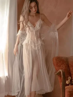 Linge de Mariée Nuisette Moulante Longue Lingerie Sexy Transparente avec Bretelles à Col V Coupe Cintrée Ensembles 3 Pièces