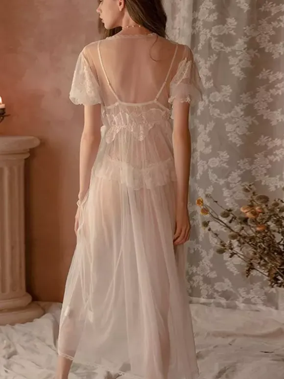 Linge de Mariée Nuisette Moulante Longue Lingerie Sexy Transparente avec Bretelles à Col V Coupe Cintrée Ensembles 3 Pièces