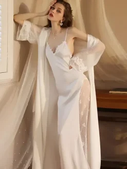 Linge de Mariée Pyjama Sexy 2 Pièces Robe À Bretelle Veste Manches Longues