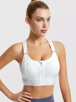 Linge de Mariée Soutien-gorge de sport bustier blanc bicolore gainant à fermeture éclair sur le devant pour femme soutien-gorge de yoga sans armatures à maintien élevé et dos nageur