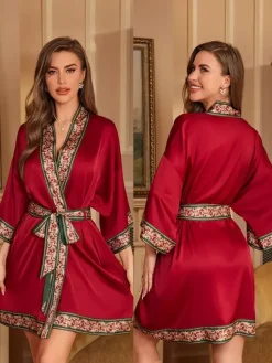 Lingerie de mariée pyjamas vêtements de nuit robes de chambre nuisettes imprimées bleu marine à lacets