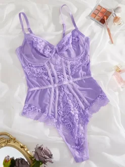 Lingerie en dentelle et résille noire transparente pour femmes