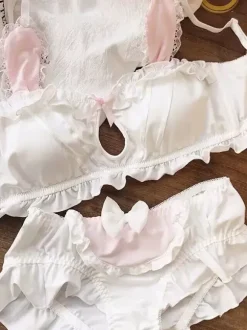 Lingerie Ensemble soutien-gorge culotte bleu ciel clair avec n艙uds volant bicolores 2 pièces chic femme