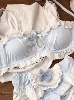 Lingerie Ensemble soutien-gorge culotte bleu ciel clair avec n艙uds volant bicolores 2 pièces chic femme