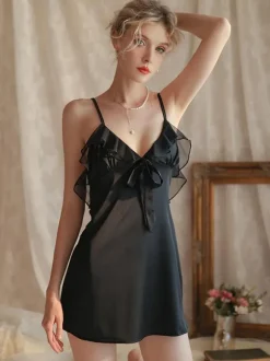 Lingerie Nuisette Femme À Bretelle Robe Courte N艙ud Polyester Sexy