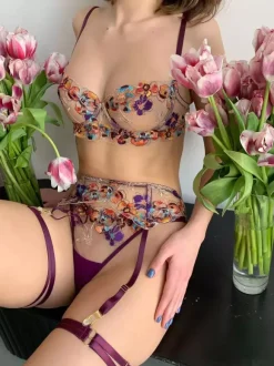 Lingerie Sous-Vêtement Soutien-Gorge Femme Violet Floral Imprimé Dentelle 3 Pièces