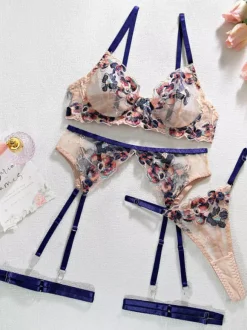 Lingerie Sous-Vêtement Soutien-Gorge Femme Violet Floral Imprimé Dentelle 3 Pièces