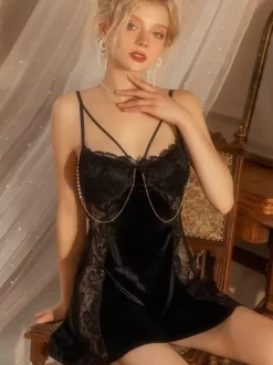 Lingerie Babydolls Robe À Lacet Chic Décontracté Chaînes Chemises Rose Foncé