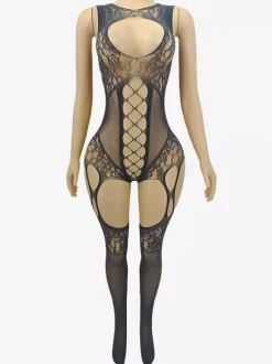 Lingerie bas collants noirs et rouges ajourés