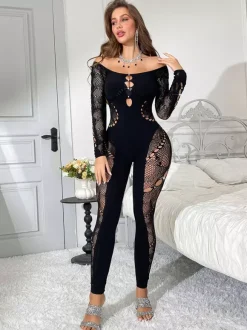 Lingerie Collants Bodybas en dentelle noire strass manches longues découpes collants transparents intégraux