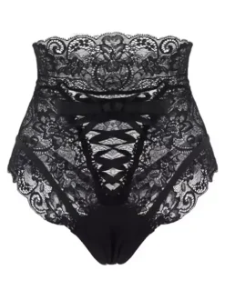 Lingerie Fendue Culotte sexy noire à lacets pour femmes sous-vêtements taille haute